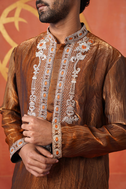Rust Hand Dyed Tissue Embroidery Kurta Set