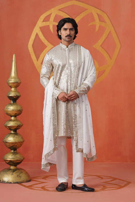 White Mirror Sequin Embroidery Kurta Set With Dupatta