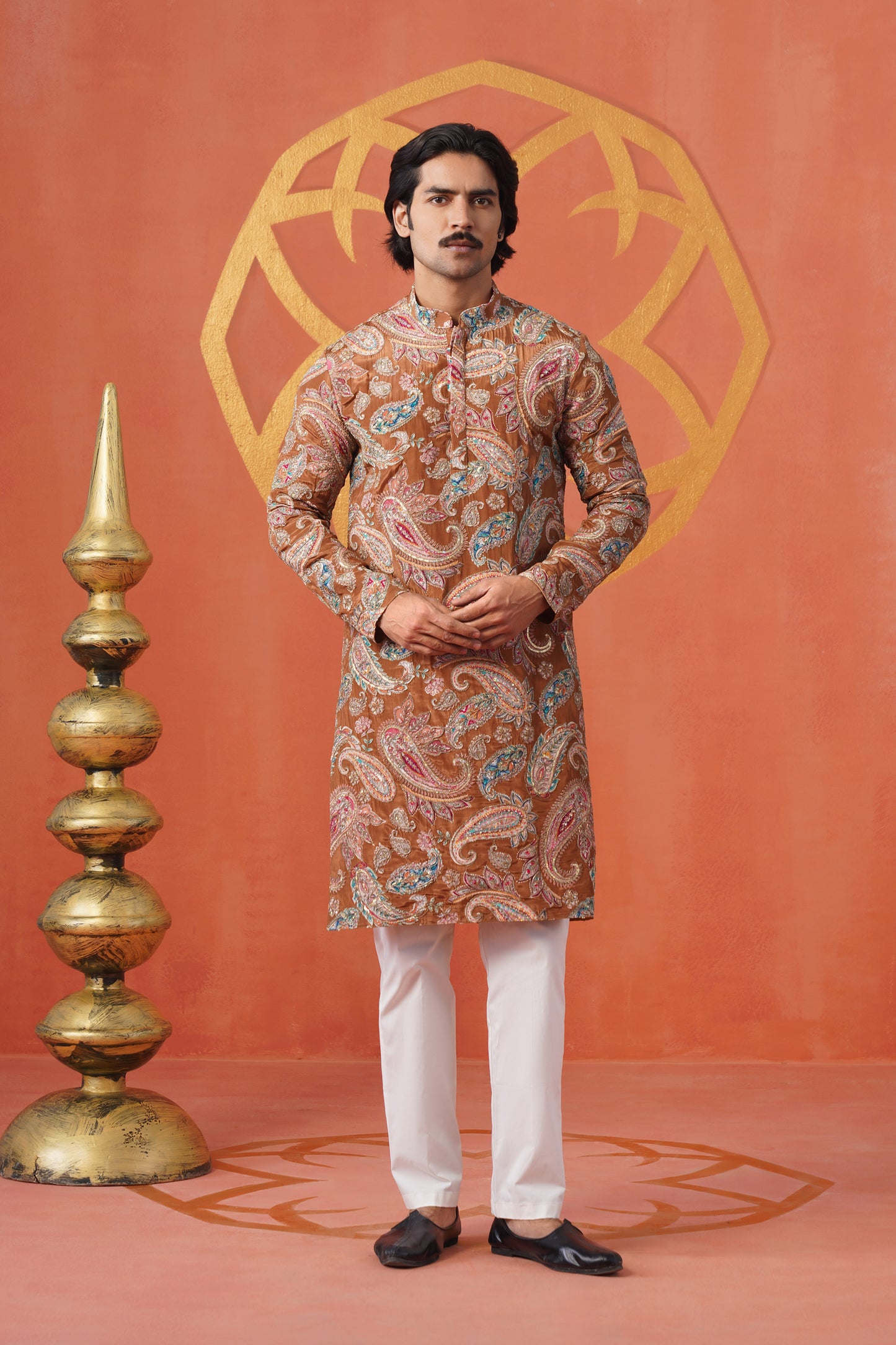 Rust Paisley Embroidery With Print Kurta Set