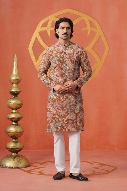 Rust Paisley Embroidery With Print Kurta Set