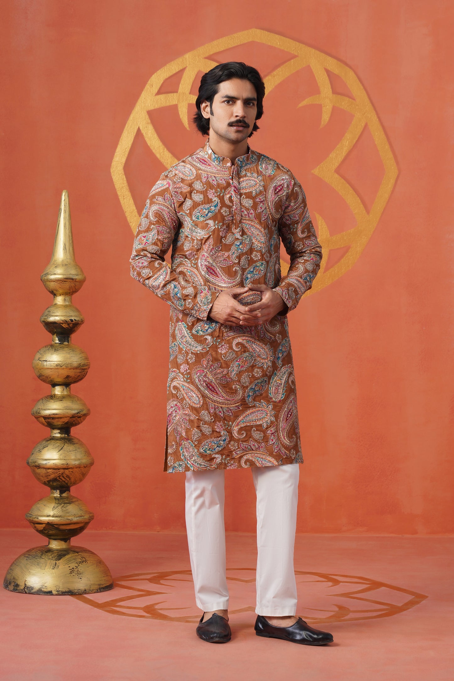 Rust Paisley Embroidery With Print Kurta Set