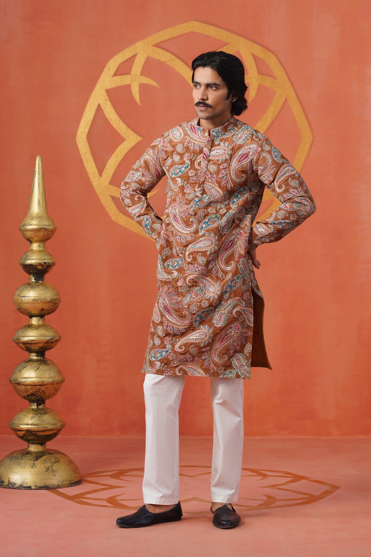 Rust Paisley Embroidery With Print Kurta Set