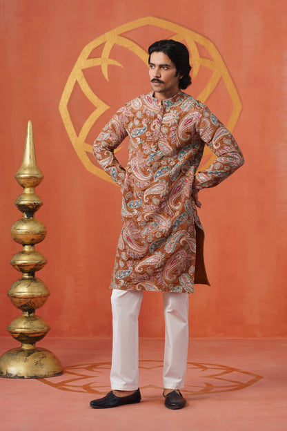 Rust Paisley Embroidery With Print Kurta Set
