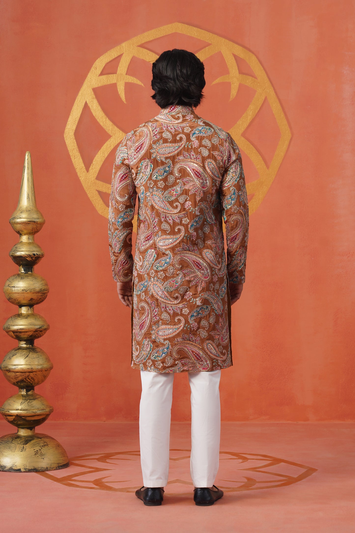 Rust Paisley Embroidery With Print Kurta Set
