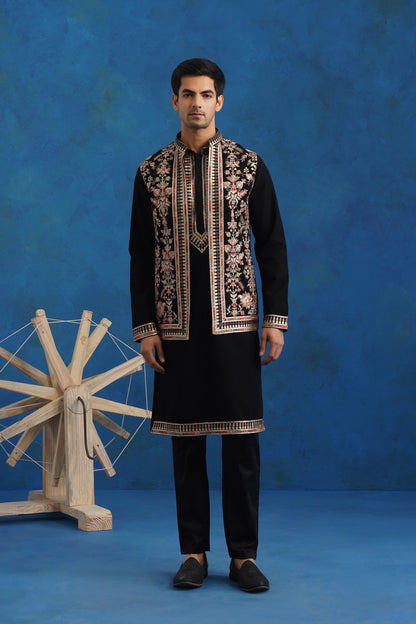 Noir Classic Embroidered Kurta Jacket Set