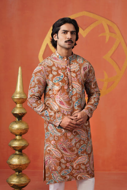 Rust Paisley Embroidery With Print Kurta Set