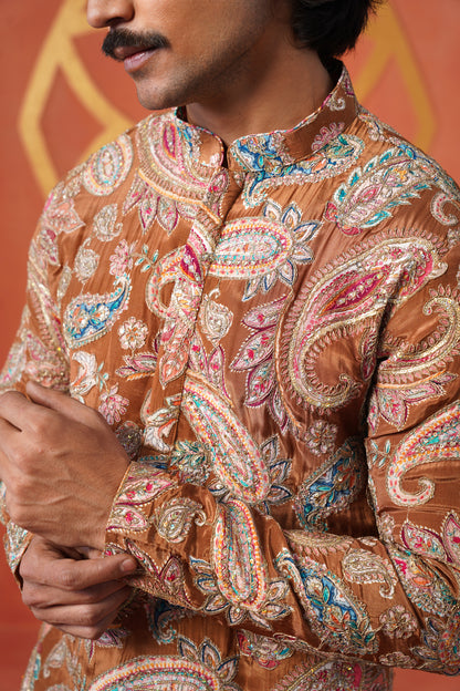 Rust Paisley Embroidery With Print Kurta Set