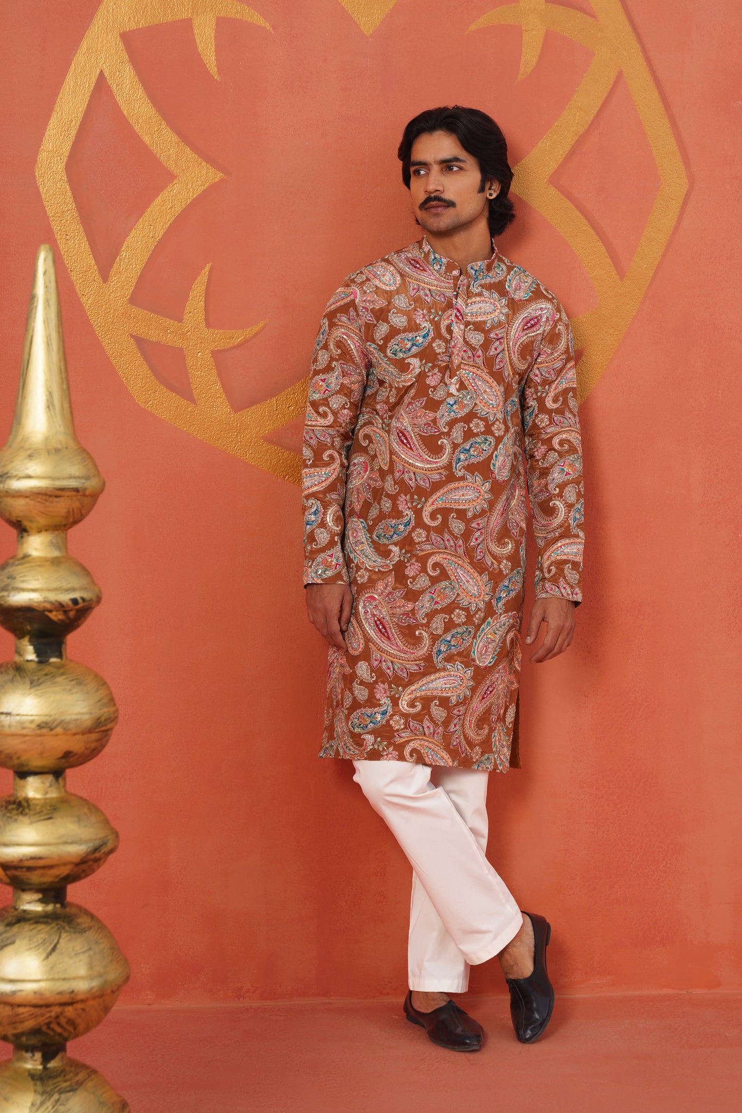 Rust Paisley Embroidery With Print Kurta Set