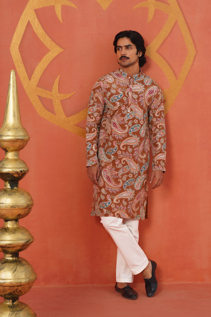 Rust Paisley Embroidery With Print Kurta Set