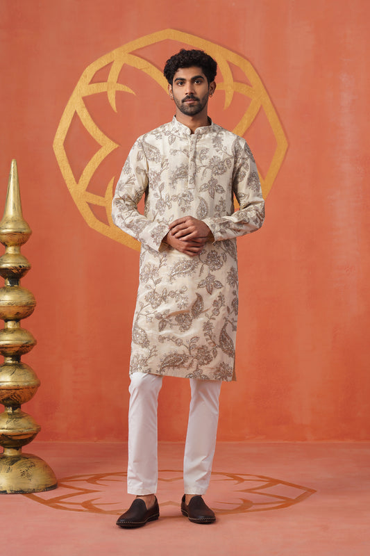 Cream Embroidery With Print Kurta Set