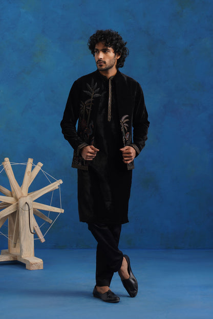 Velvet Pine Embroidered Kurta Jacket Set