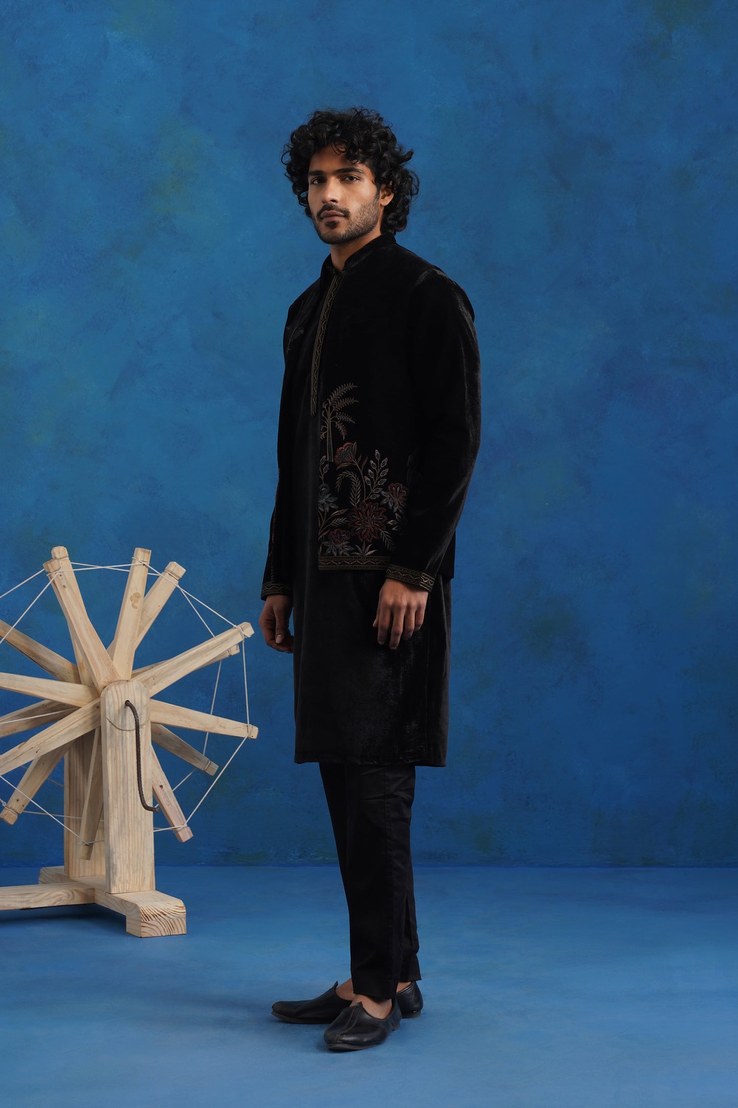 Velvet Pine Embroidered Kurta Jacket Set