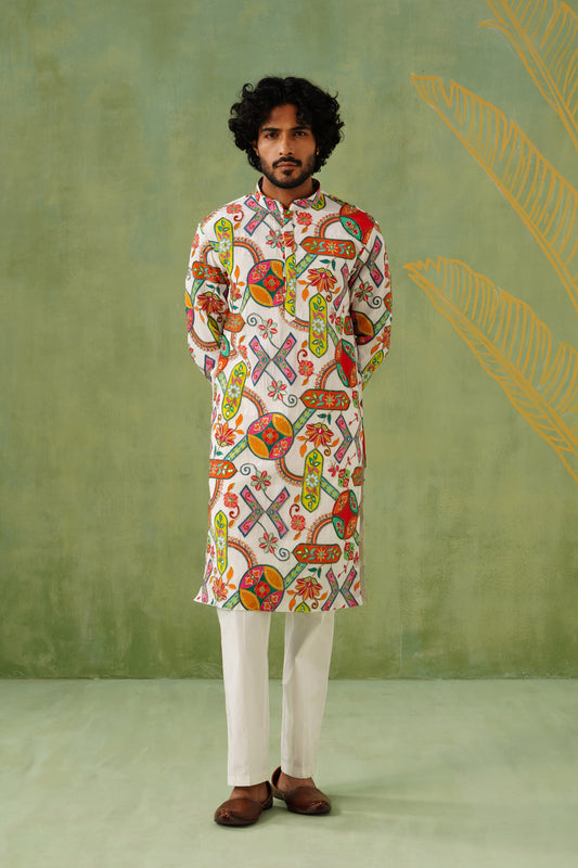 White Embroidery With Print Kurta Set