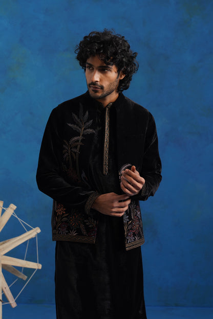 Velvet Pine Embroidered Kurta Jacket Set
