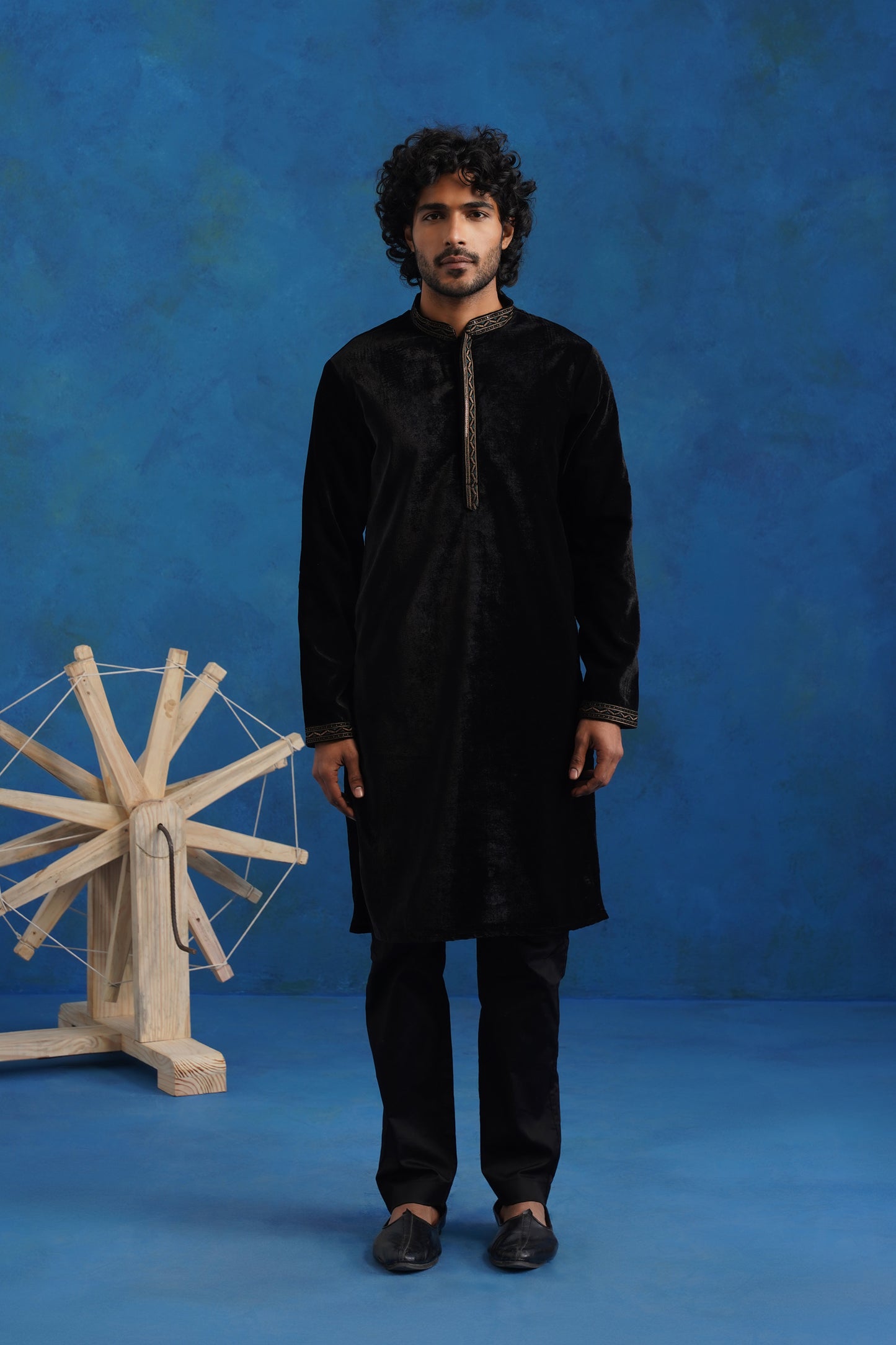 Velvet Pine Embroidered Kurta Jacket Set