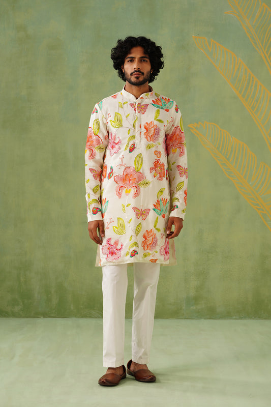 White Embroidery With Floral Print Short Kurta Set