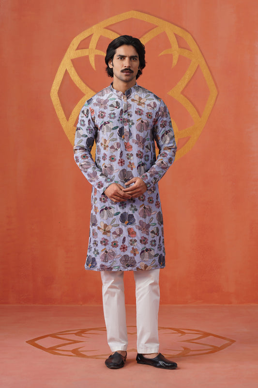 Ice Blue Embroidery With Print Kurta Set