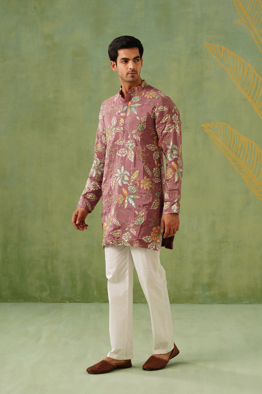 Mauve Embroidery With Floral Print Short Kurta Set