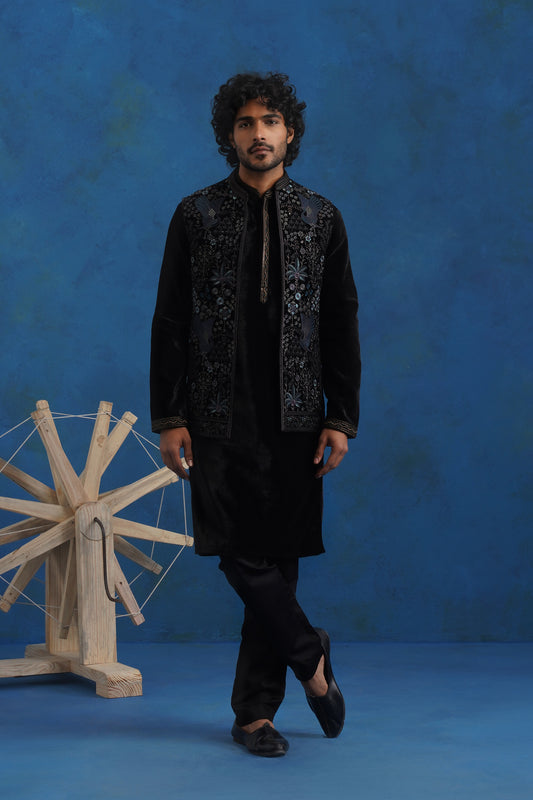 Midnight Velvet Embroidered Kurta Jacket Set