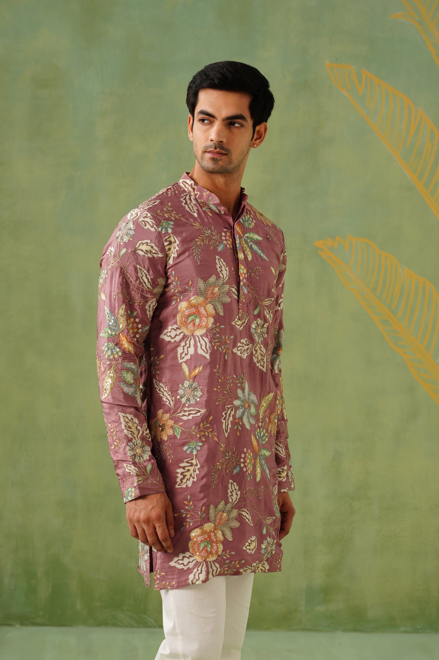 Mauve Embroidery With Floral Print Short Kurta Set