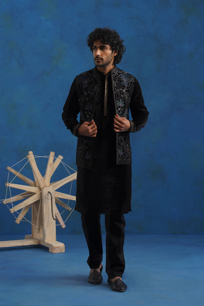 Midnight Velvet Embroidered Kurta Jacket Set