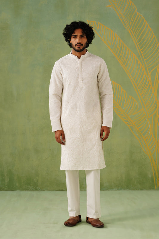 White Coding Embroidery Kurta Set