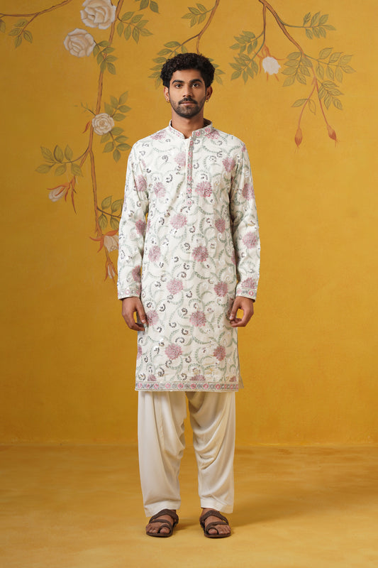White Floral Sequin Embroidery Kurta Patiyala Set