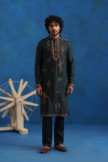 Bottle Green Dove Embroidered Kurta Set with Dupatta