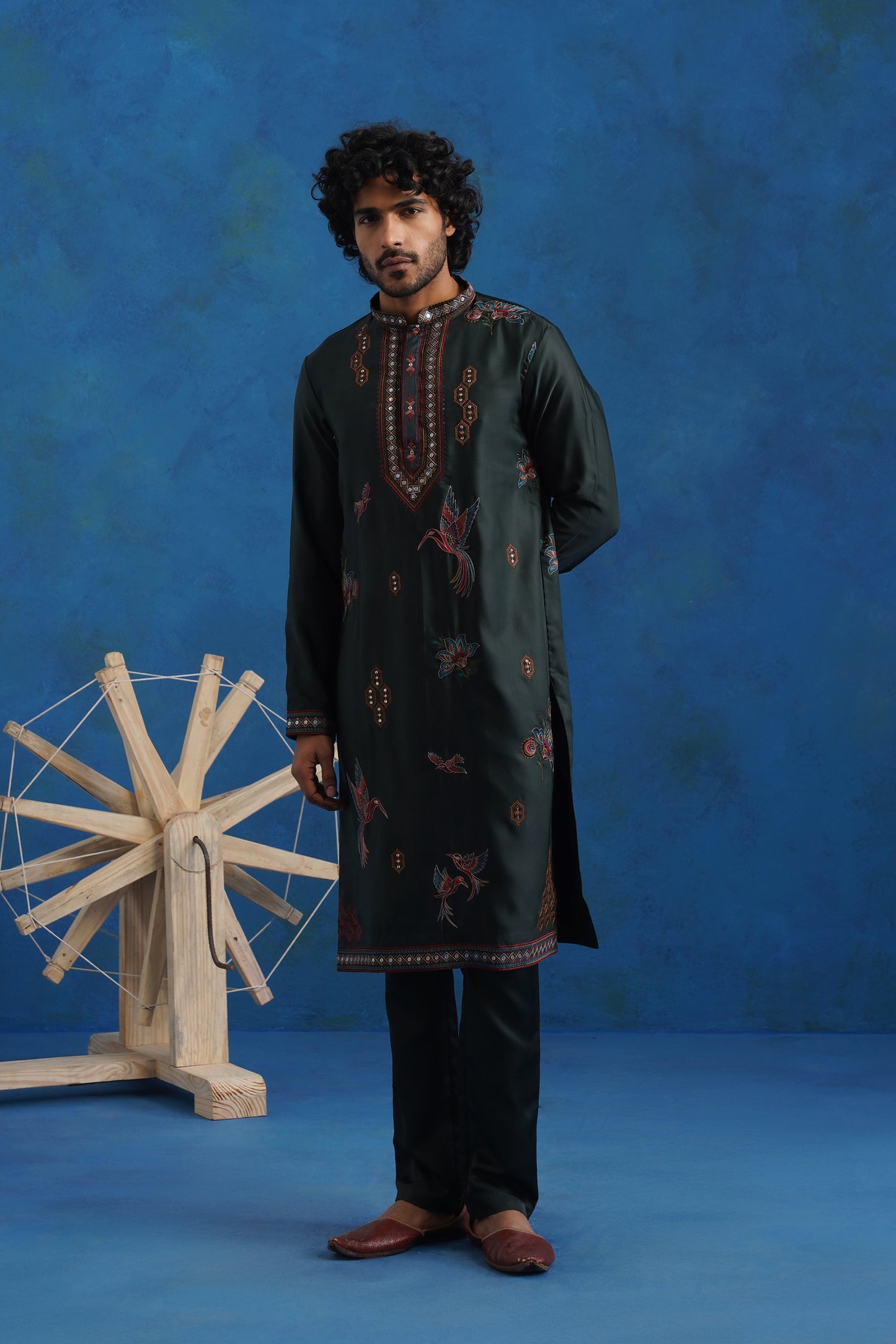 Bottle Green Dove Embroidered Kurta Set with Dupatta