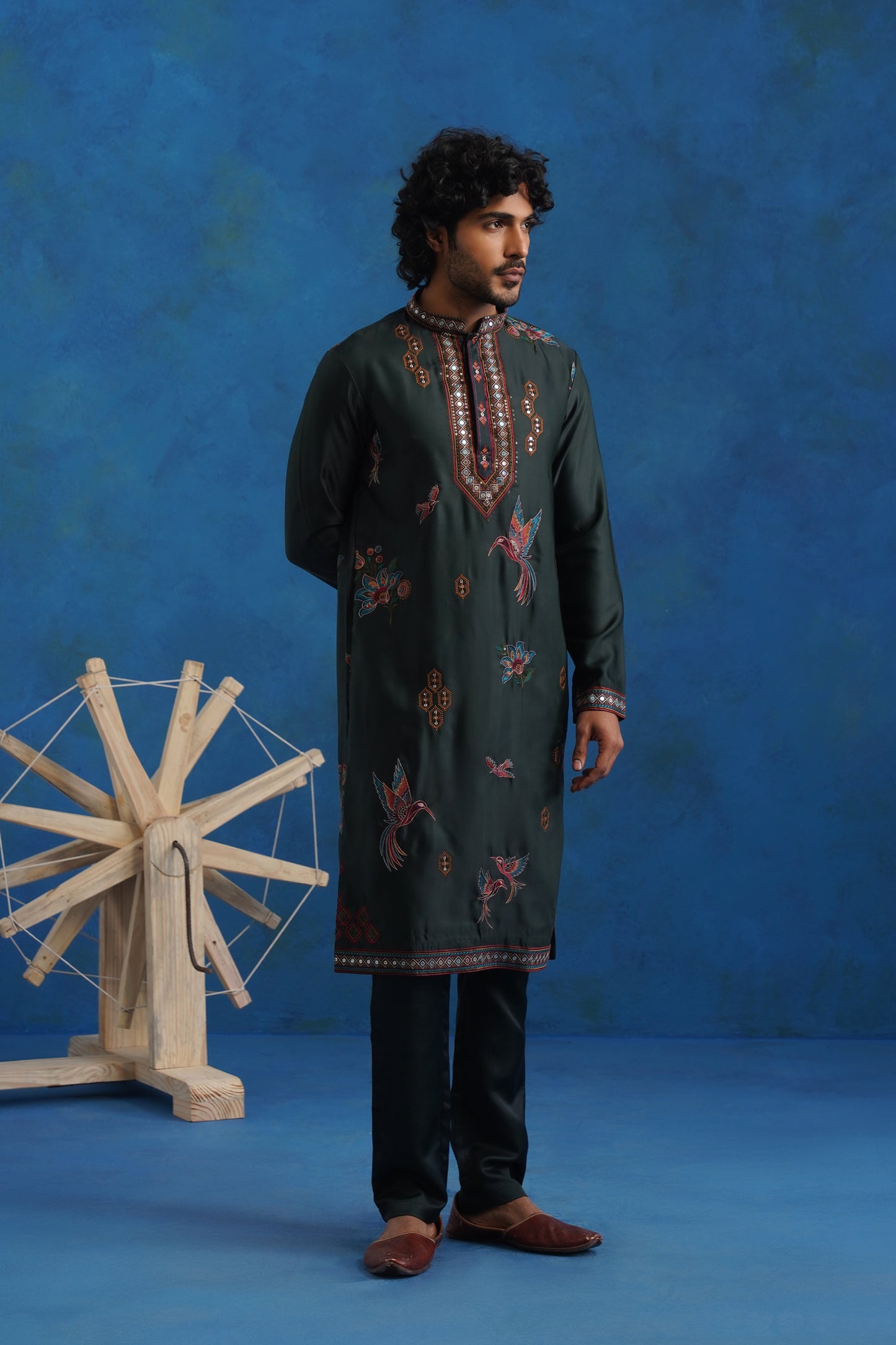 Bottle Green Dove Embroidered Kurta Set with Dupatta