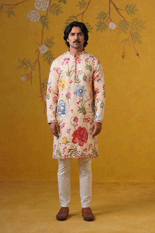 Cream Spring Embroidery Kurta Set