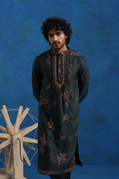 Bottle Green Dove Embroidered Kurta Set with Dupatta