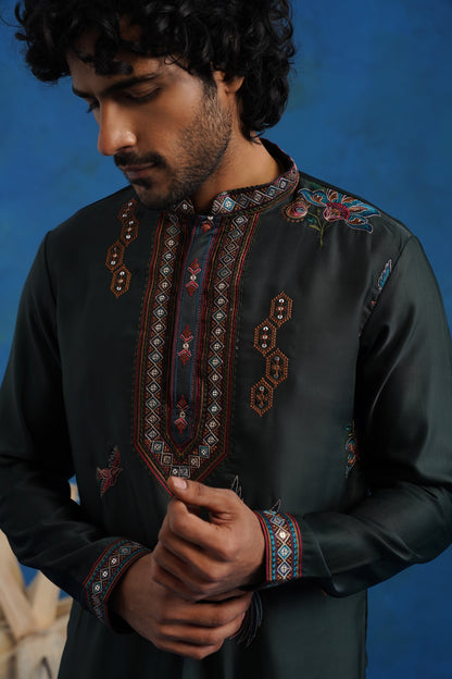 Bottle Green Dove Embroidered Kurta Set with Dupatta