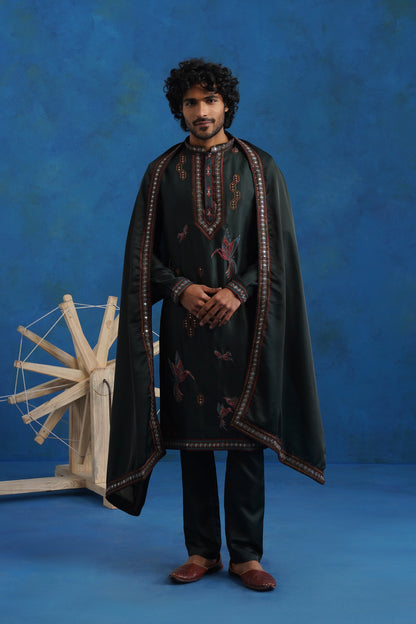 Bottle Green Dove Embroidered Kurta Set with Dupatta