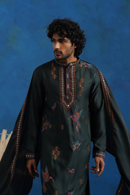 Bottle Green Dove Embroidered Kurta Set with Dupatta
