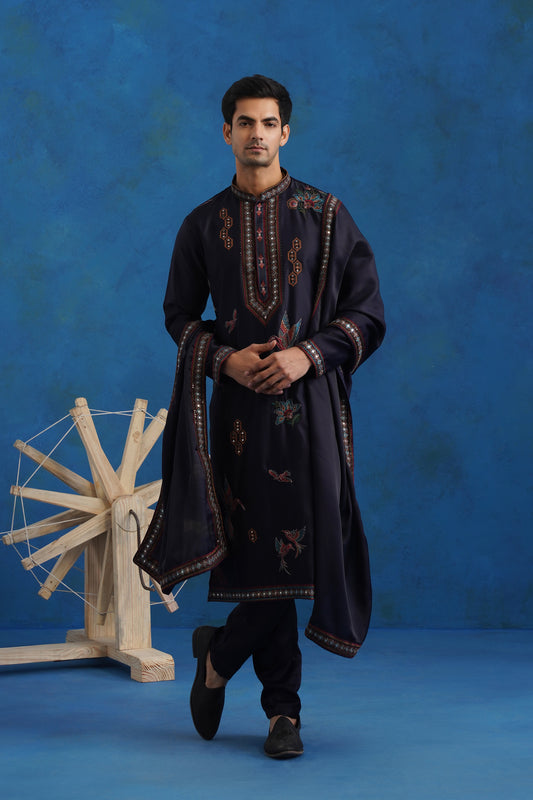 Navy Blue Dove Embroidery Kurta Set With Dupatta