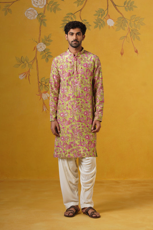 Mehendi Embroidery With Print Kurta Patiyala Set