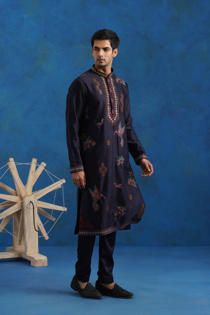 Navy Blue Dove Embroidery Kurta Set With Dupatta