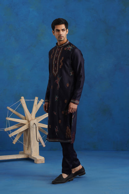 Navy Blue Dove Embroidery Kurta Set With Dupatta
