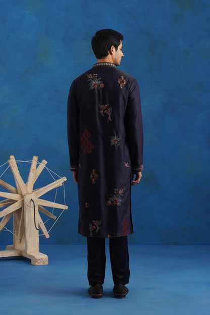Navy Blue Dove Embroidery Kurta Set With Dupatta