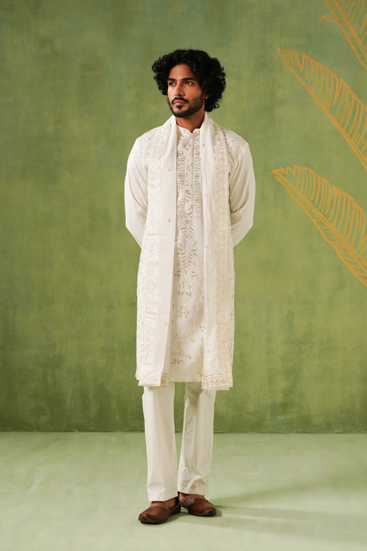 White Sequin Embroidery Kurta Set With Dupatta