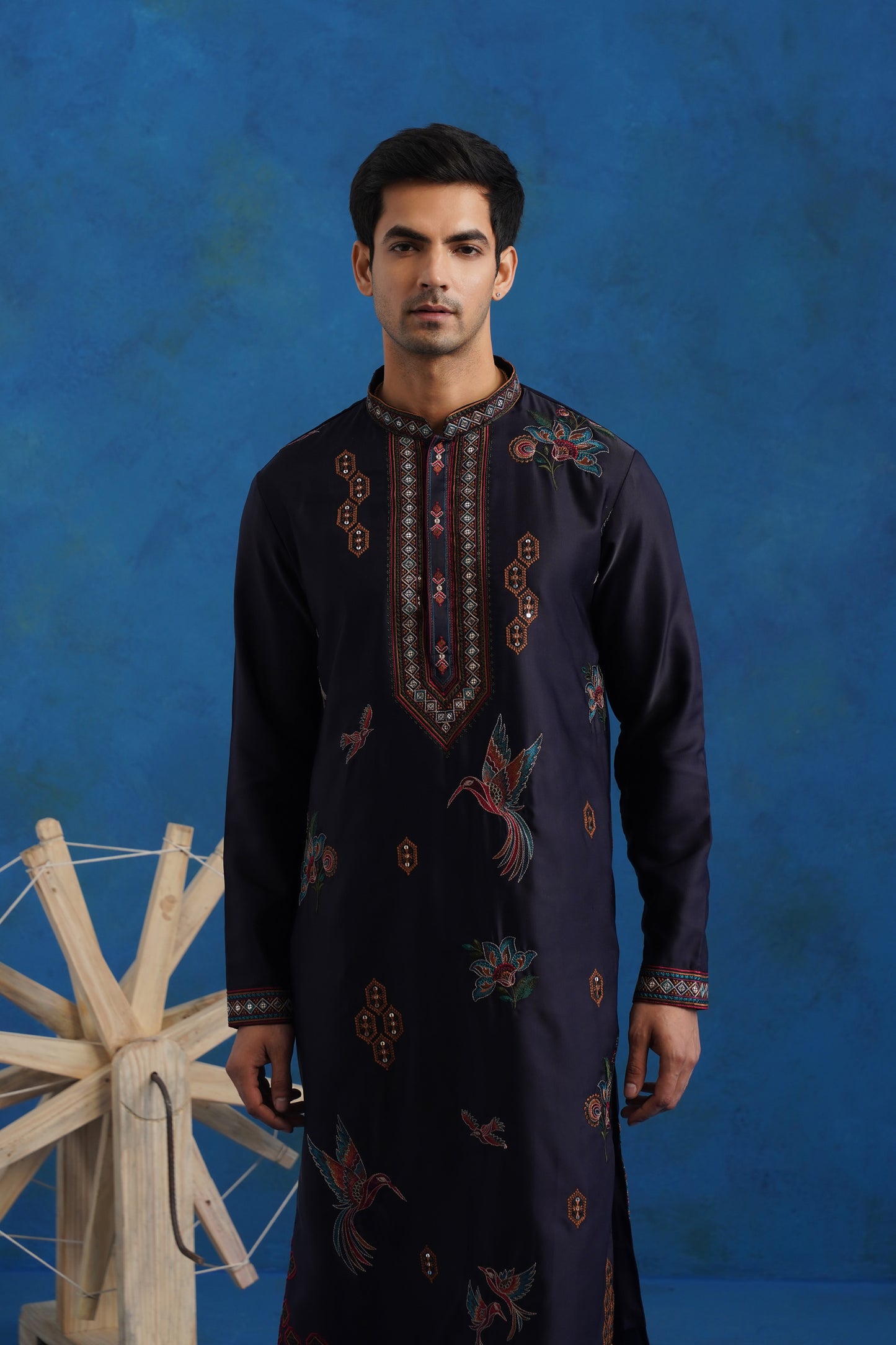 Navy Blue Dove Embroidery Kurta Set With Dupatta