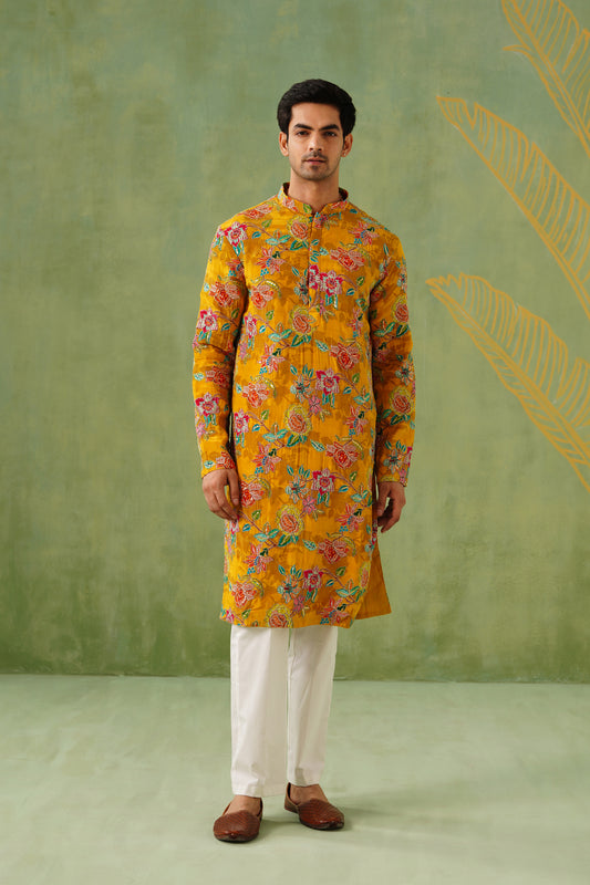 Yellow Gold Embroidery With Floral Print Kurta Patiyala Set