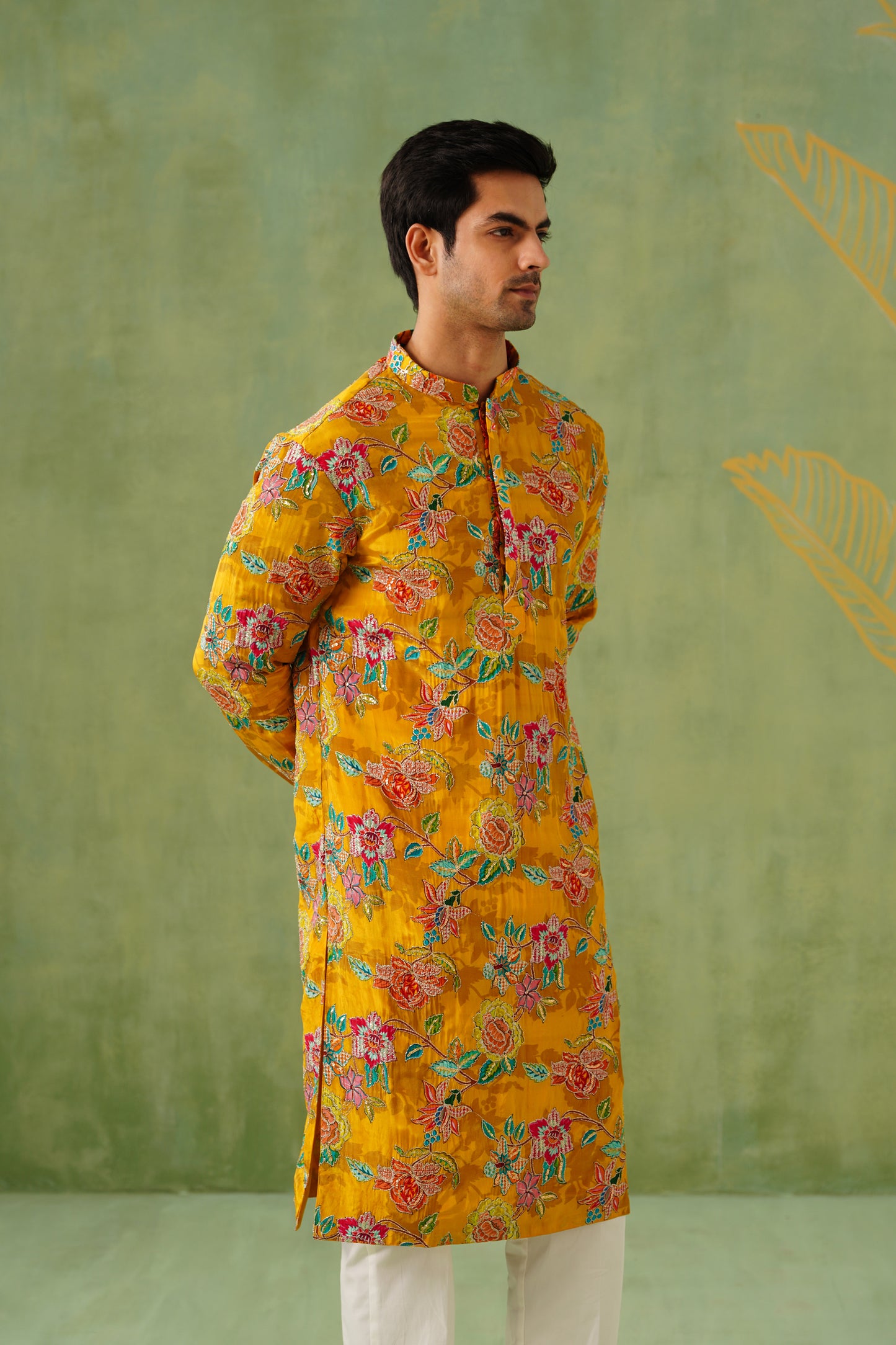 Yellow Gold Embroidery With Floral Print Kurta Patiyala Set