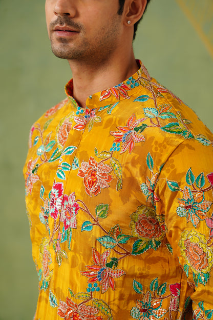 Yellow Gold Embroidery With Floral Print Kurta Patiyala Set