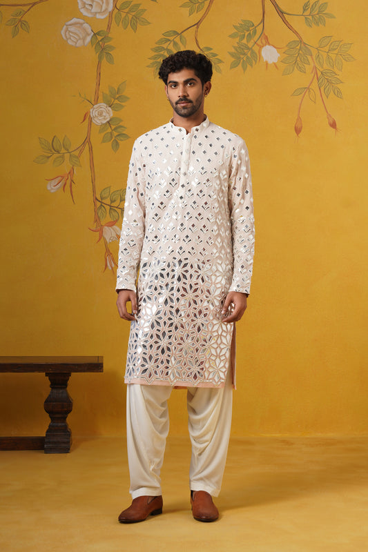 Powder Pink Reflective Embroidery Kurta Patiyala Set