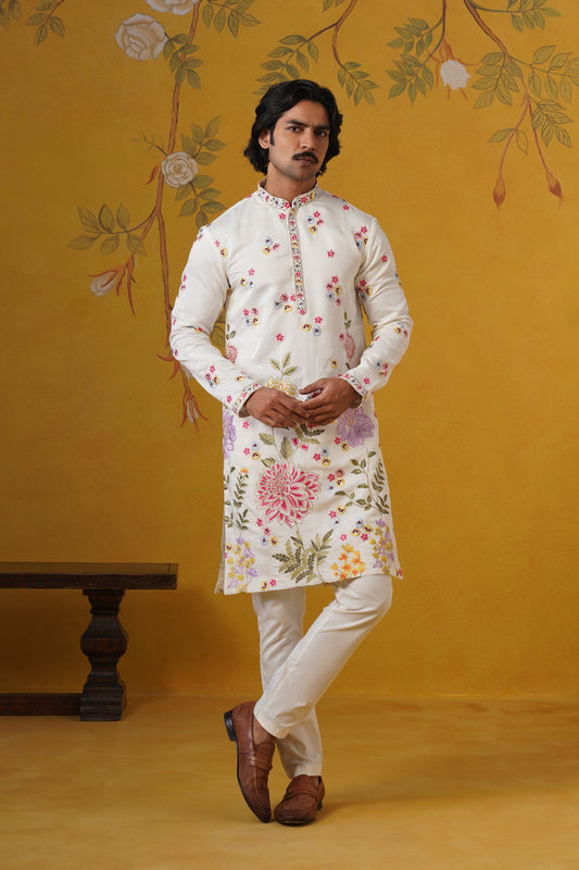 Cream Blossom Embroidery Kurta Set