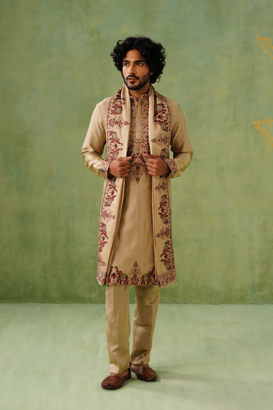 Beige Elephanta Embroidery Kurta Set With Dupatta