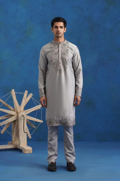 Ash Grey Embroidered Kurta Set