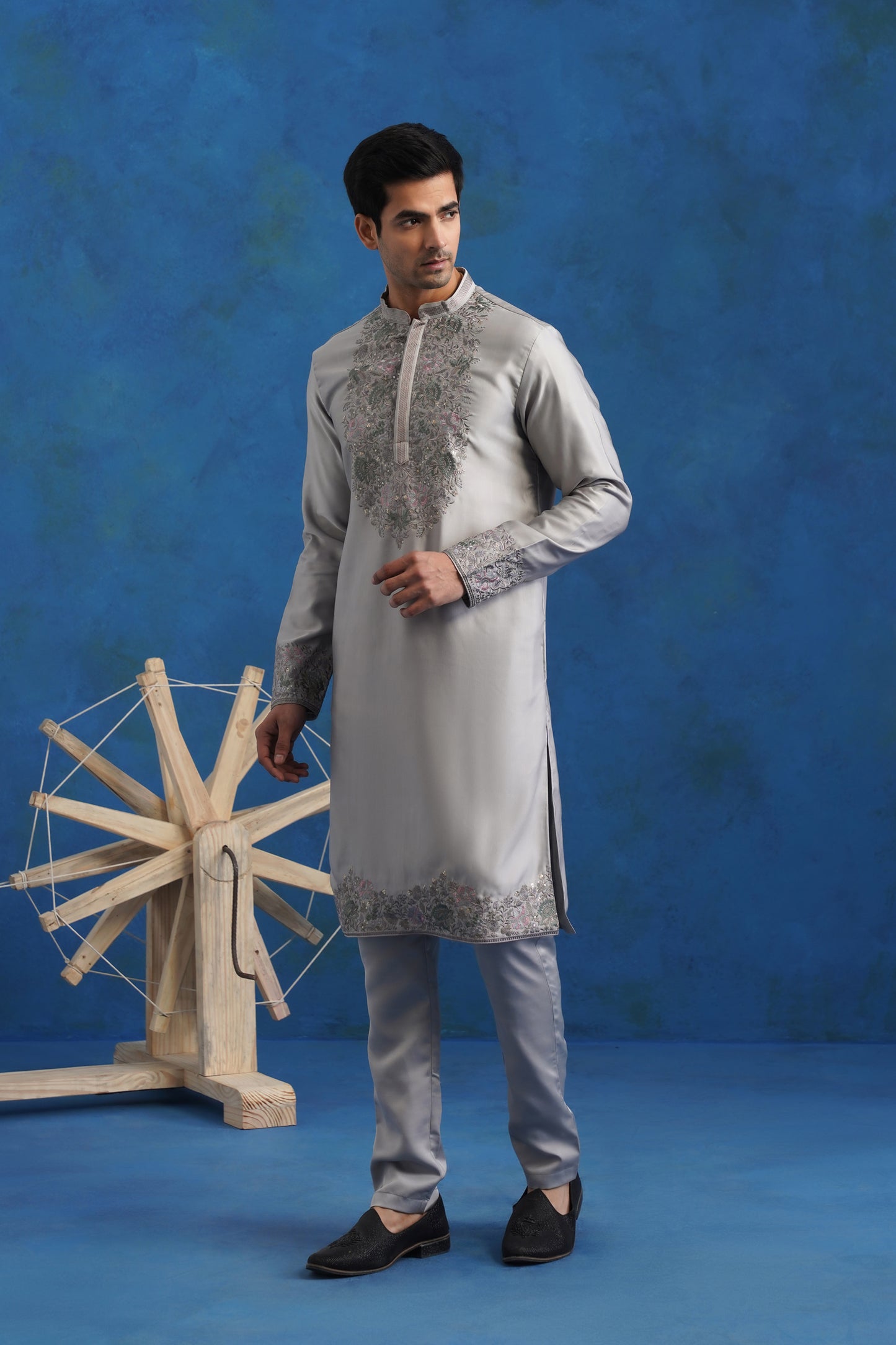 Ash Grey Embroidered Kurta Set